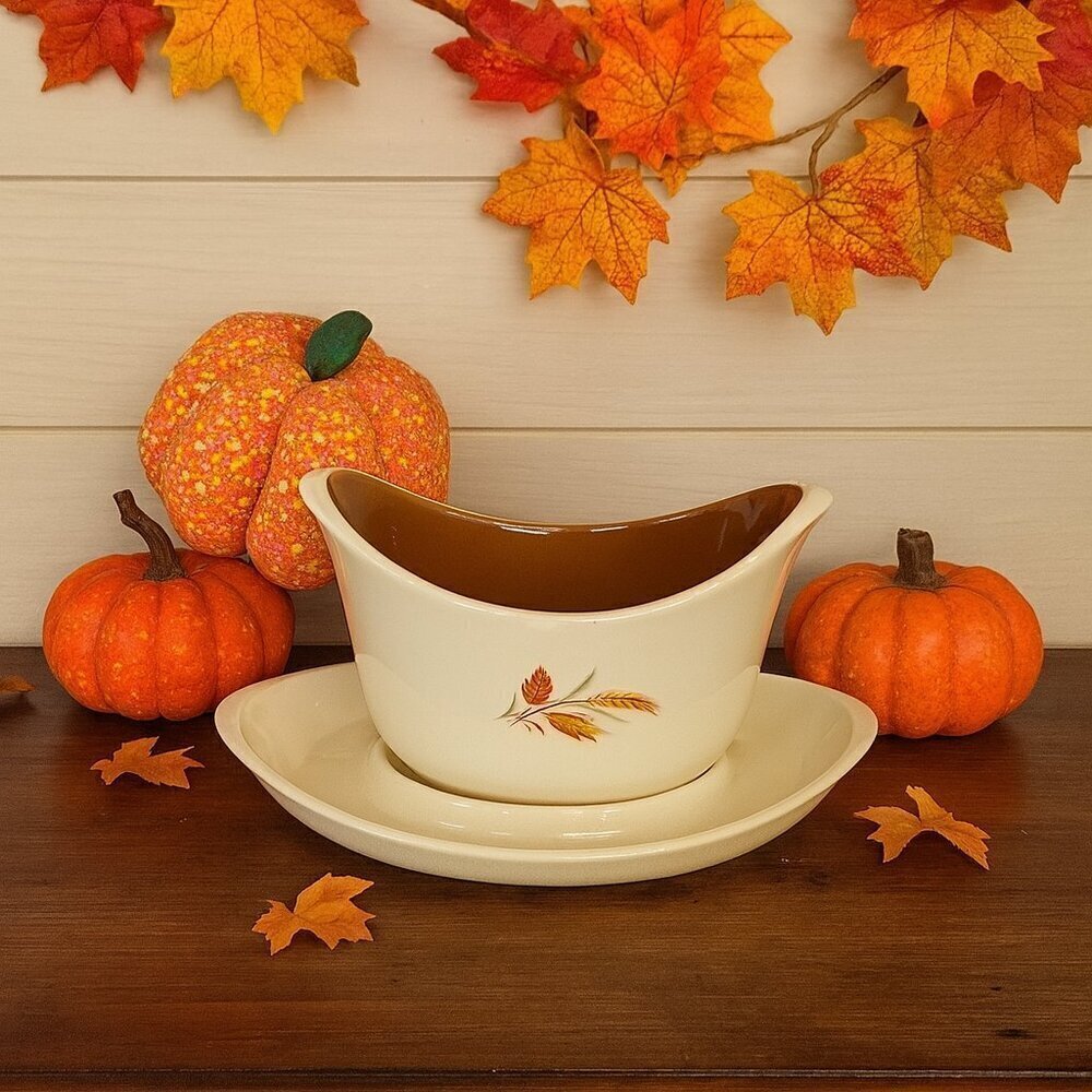 Mid-Century Modern Atomic Gravy Boat & Attached Underplate-- Fall Harvest Wheat